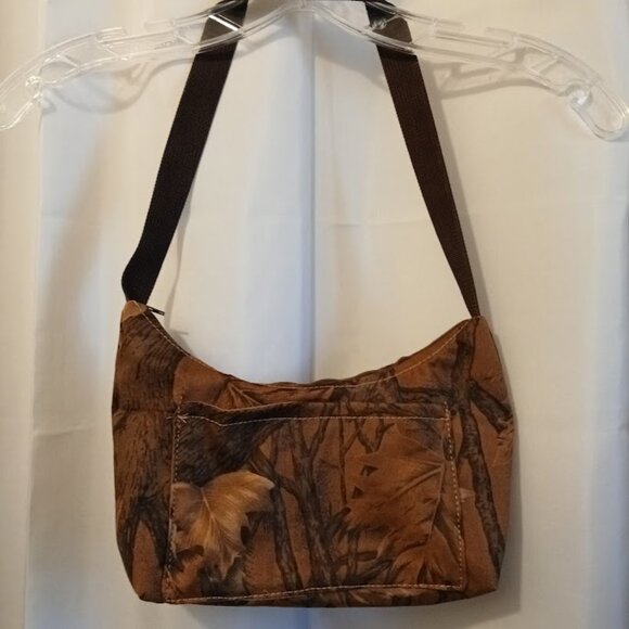 New Canvas Vinyl Camo Top handle Shoulder Bag Purse Brown Crescent Baguette - Picture 7 of 10